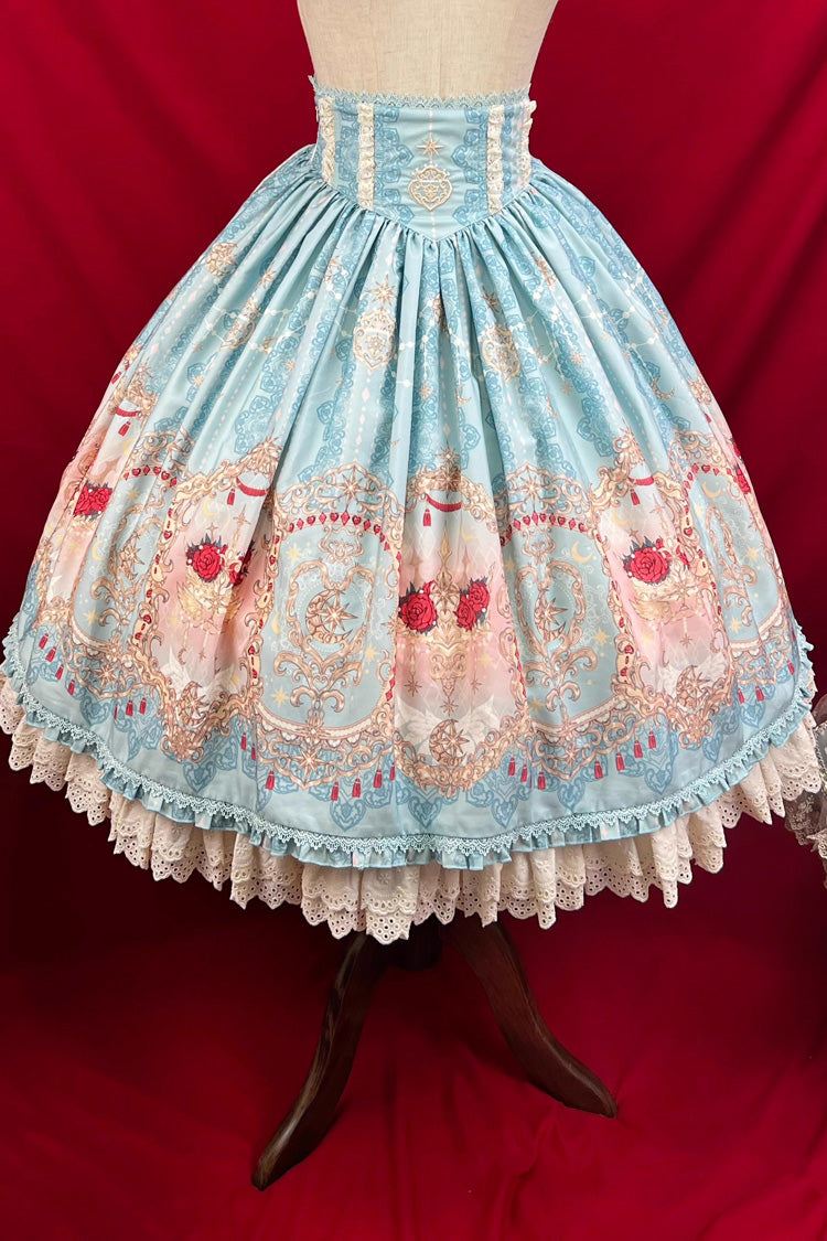 Ruffle-Embroidered Palace Skirt with Lace and Print