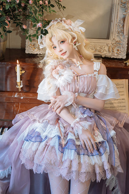 Pink Purple Rose Memoirs Sleeveless Multi-Layer Bow Lace Sweet Lolita Skirt Set