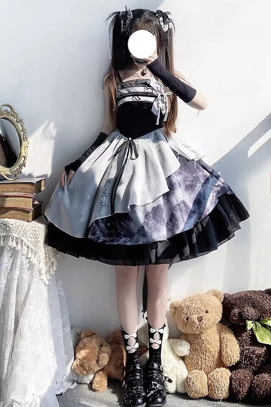 Ombre Ink Wash Ruffle Lolita JSK Ensemble