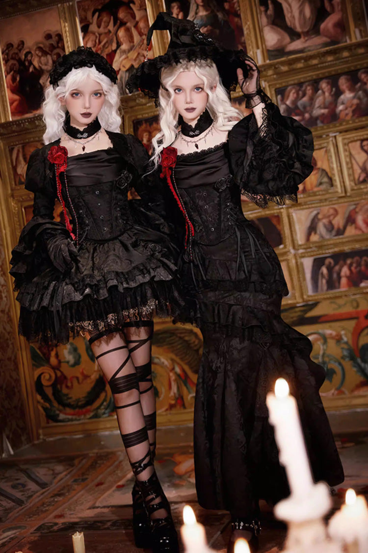 Gothic Lolita Skirt with Multi-Layered Jacquard and Ruffled Witch Design