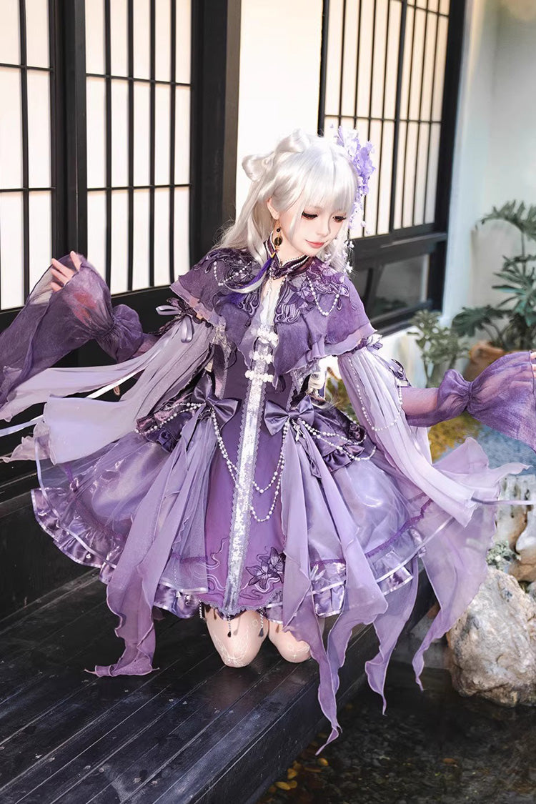 Embroidered Pearl Gothic Jumper Dress Set - Purple