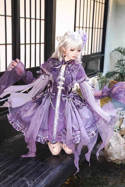 Embroidered Pearl Gothic Jumper Dress Set - Purple