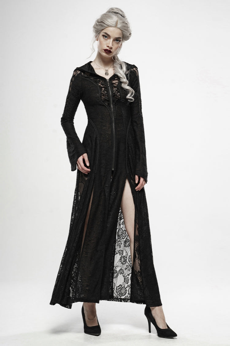 Hooded Goth Dress with Zipper and Lace Accents