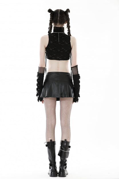 Pleated Punk Mini Skirt with Metal Belt Buckle in Black Faux Leather