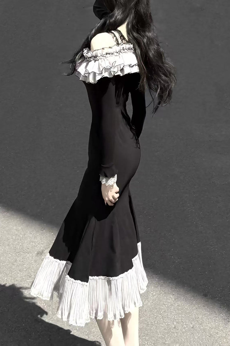Ruffled Bowknot Fishtail Sweet Elegant Long-Sleeve Dress