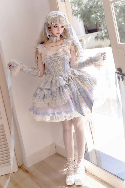 Sleeveless Embroidered Lace Dress with Fishbone Ruffle and Bow