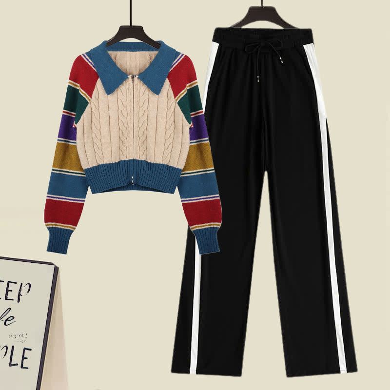 Stripe Set Sweater Colorblock Cardigan Pants