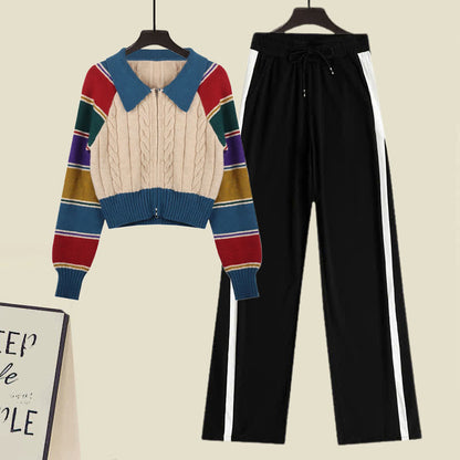 Stripe Set Sweater Colorblock Cardigan Pants