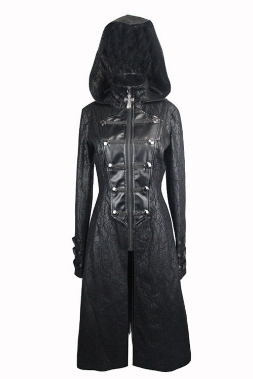 Hooded Shawl Collar Gothic Pattern Faux Leather Long Coat