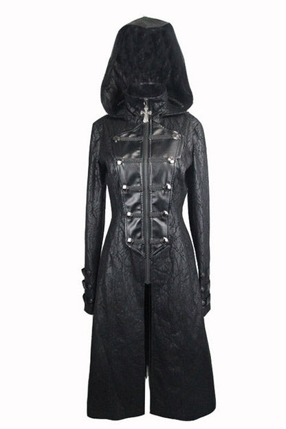 Hooded Shawl Collar Gothic Pattern Faux Leather Long Coat