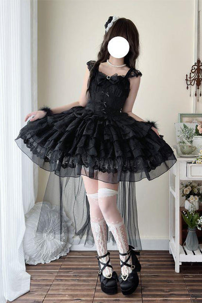 Black Broken Wings Rebirth Sleeveless Multi-Layered Ruffle Bow Lace-Up Gothic Ballet Lolita Jsk Dress