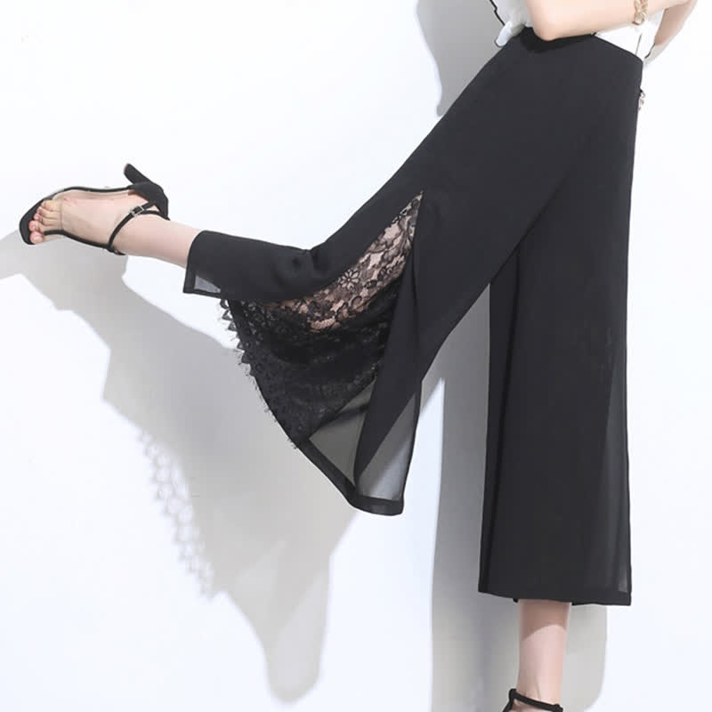 Elegant Black Lace Stitching Wide Leg Pants