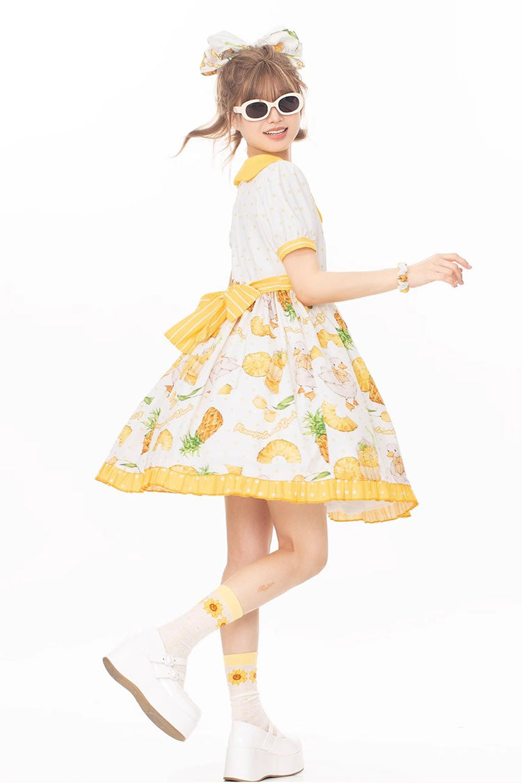 White and Yellow Sweet Duck Print Puff-Sleeved Lolita OP Dress