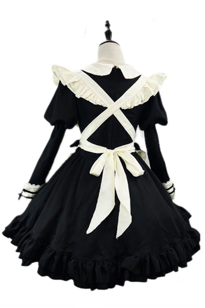 Black White Maid Long Sleeve Ruffle Bow Sweet Plus Size Lolita Dress Full Set