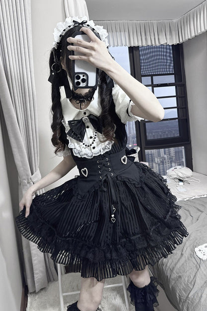Stripe Print Bowknot Lace Gothic Jirai Kei Dress