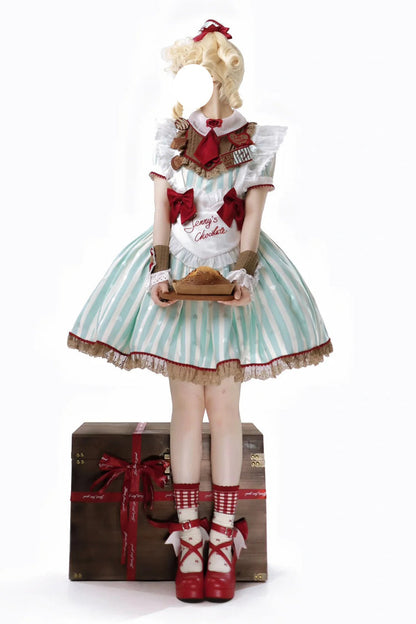 Emerald Jenny's Chocolate Short Sleeves Vertical Stripes Print Ruffle Bow Sweet Lolita Dress