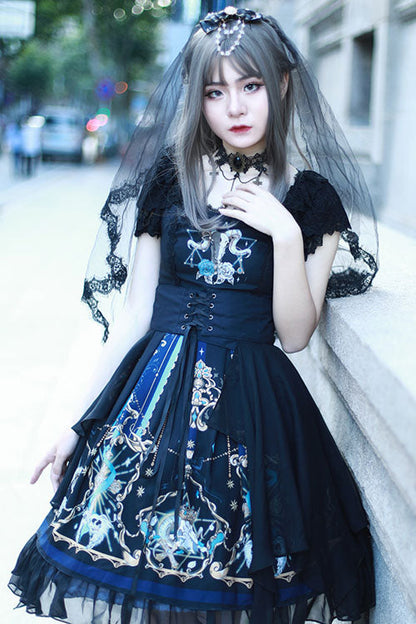 Black Gothic OP Dress Lolita Square Collar Lace Ruffled - Altfashion Shop