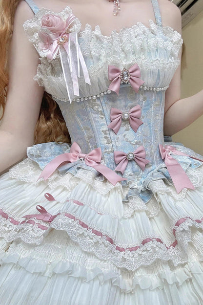 Blue Apricot Sea Salt Souffle Sleeveless Multi-Layer Bow Lace Sweet Ballet JSK Dress