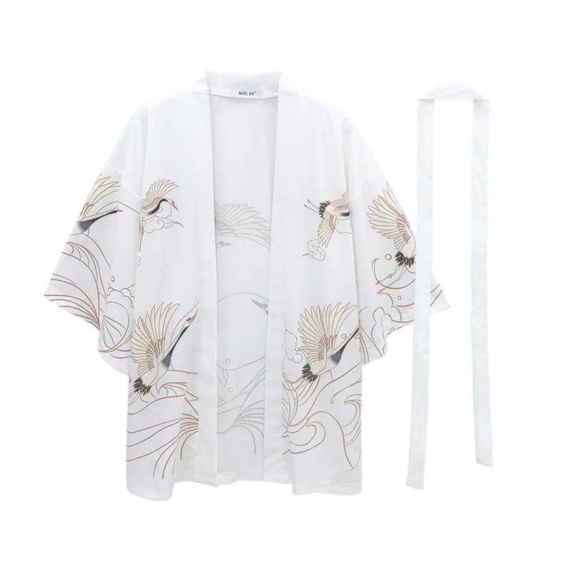 Kimono chinois vintage à motif grue - Vêtements d'extérieur pour protection solaire