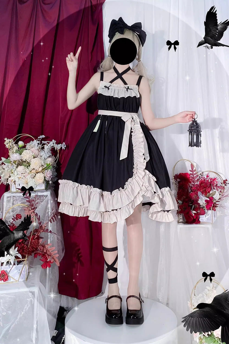 High-Waisted Asymmetric Ruffled Bowknot Gothic JSK
