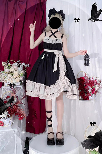 High-Waisted Asymmetric Ruffled Bowknot Gothic JSK