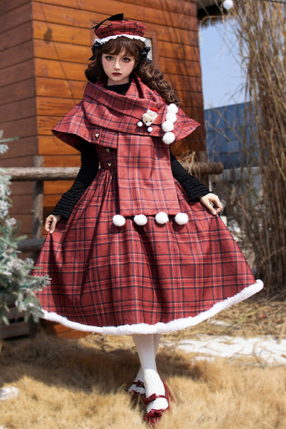 Crimson Striped Tartan Print Autumn Winter Fishbone Sweet Corset Lolita Dress