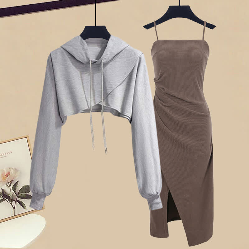 Hoodie Slip Split Ruffled Dress Short Cross