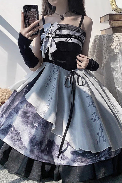 Ombre Ink Wash Ruffle Lolita JSK Ensemble