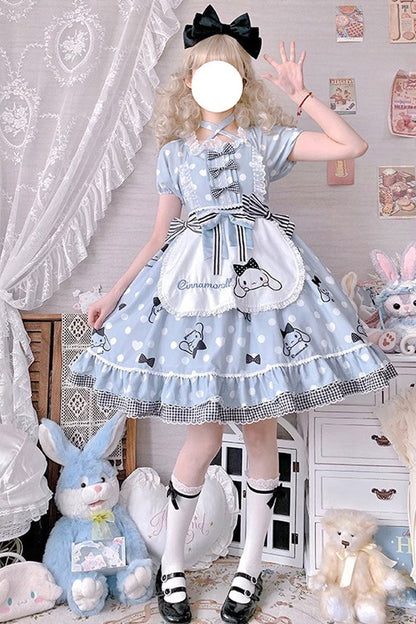 Light Blue Short Sleeves Dog Print Ruffle Bow Sweet Lolita Dress