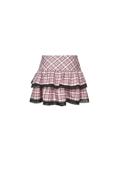 Pink Heart Plaid Double-Layer Ruffled Mini Skirt with Lace Hem