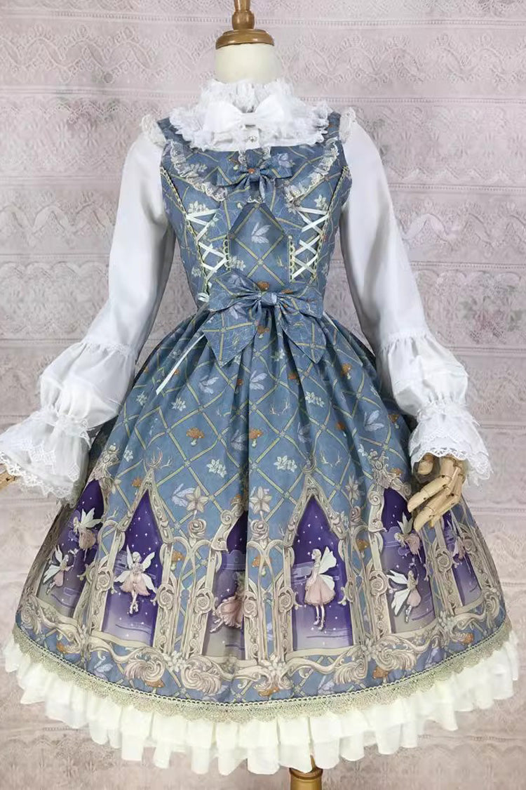 Dream Elf Print Ruffle Bowknot Jsk Dress - Sweet Lolita