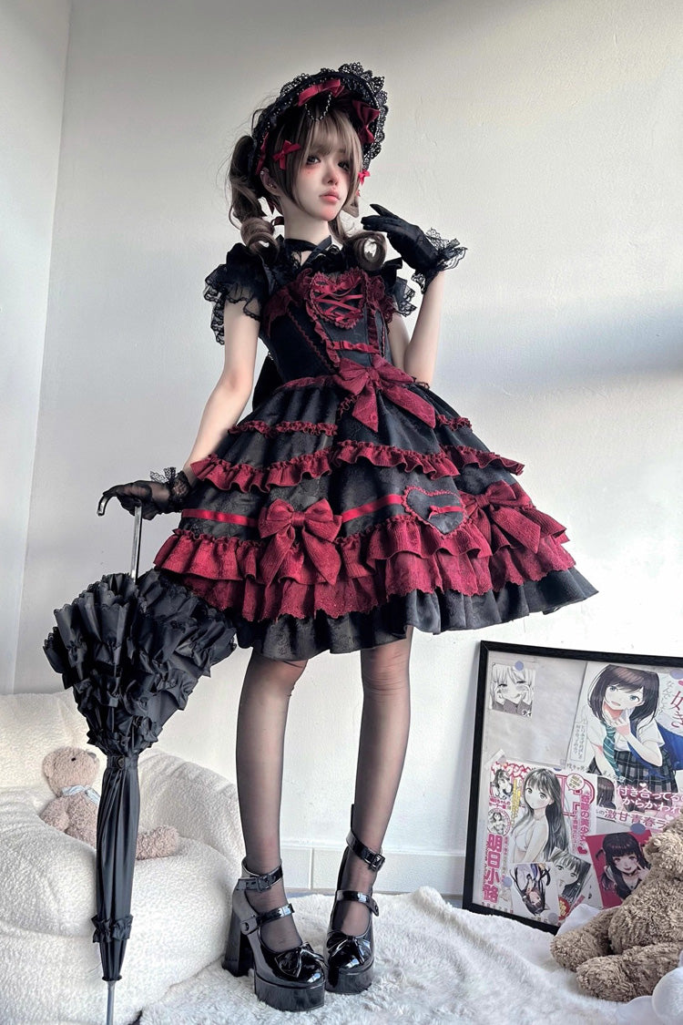 Elegant Gothic JSK Dress with Triple Ruffles and Bow - Noir
