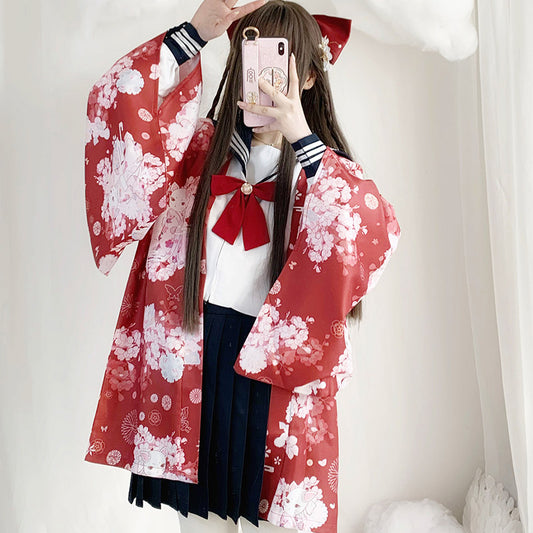 Cat Sakura Print Loose Cardigan Kimono Outerwear