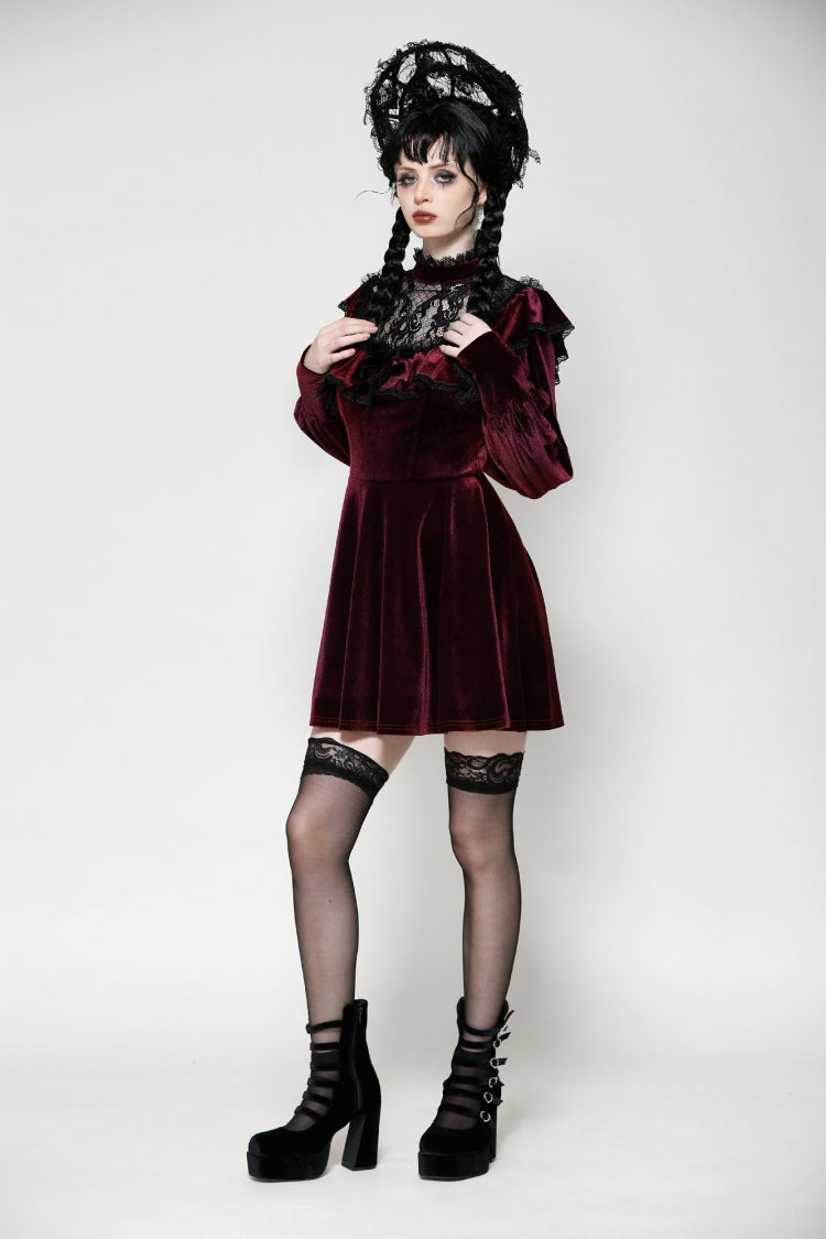 Crimson Knit Velvet Maxi Gown with Long Sleeves - Gothic Graduation Attire