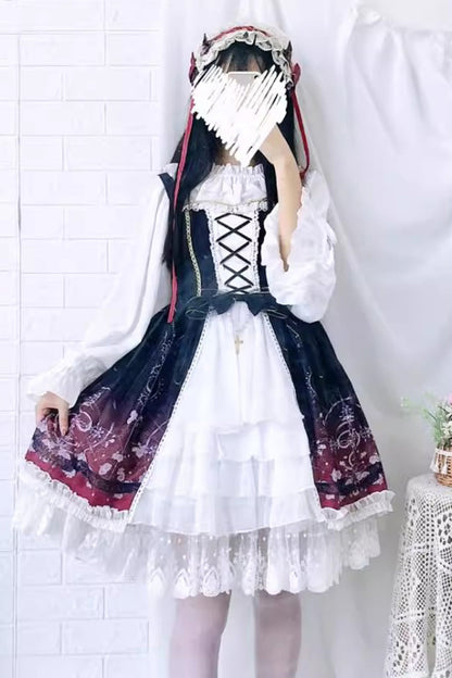 Black Red Sleeveless Gradient Print Ruffle Cardigan Bowknot Lace-Up Sweet Elegant Lolita Jsk Dress