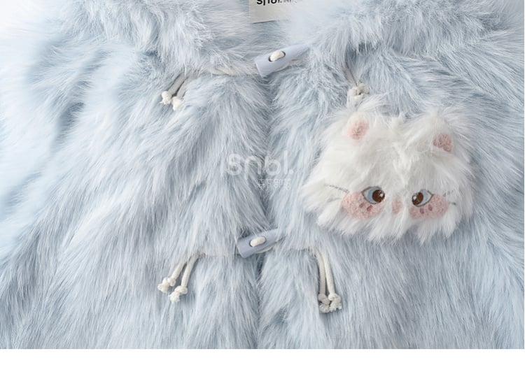 Blue Fluffy Cat Ears Hooded Faux Fur Coat Detachable Cat Plushie