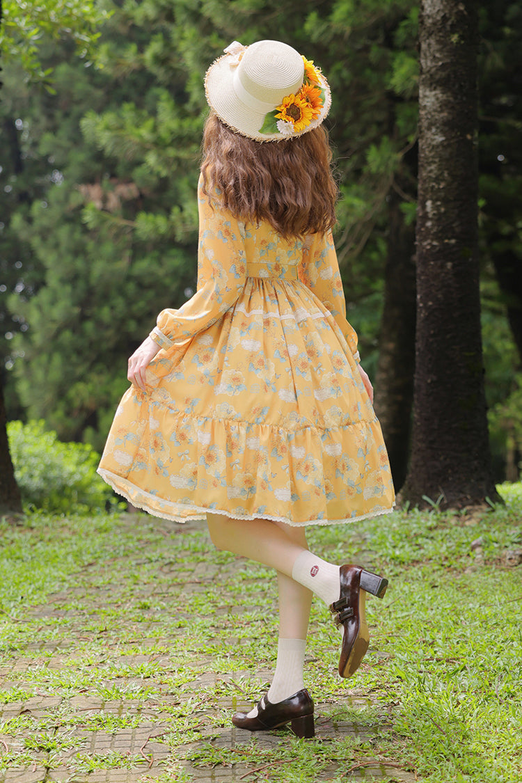 Golden Long-Sleeve Ruffled Bow Sunflower Elegant Dress