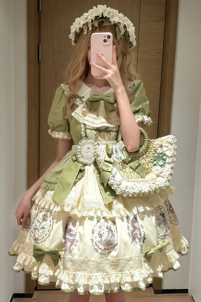 Emerald Little Ida's Flowers Short Sleeves Print Ruffle Bow Sweet Lolita Dress