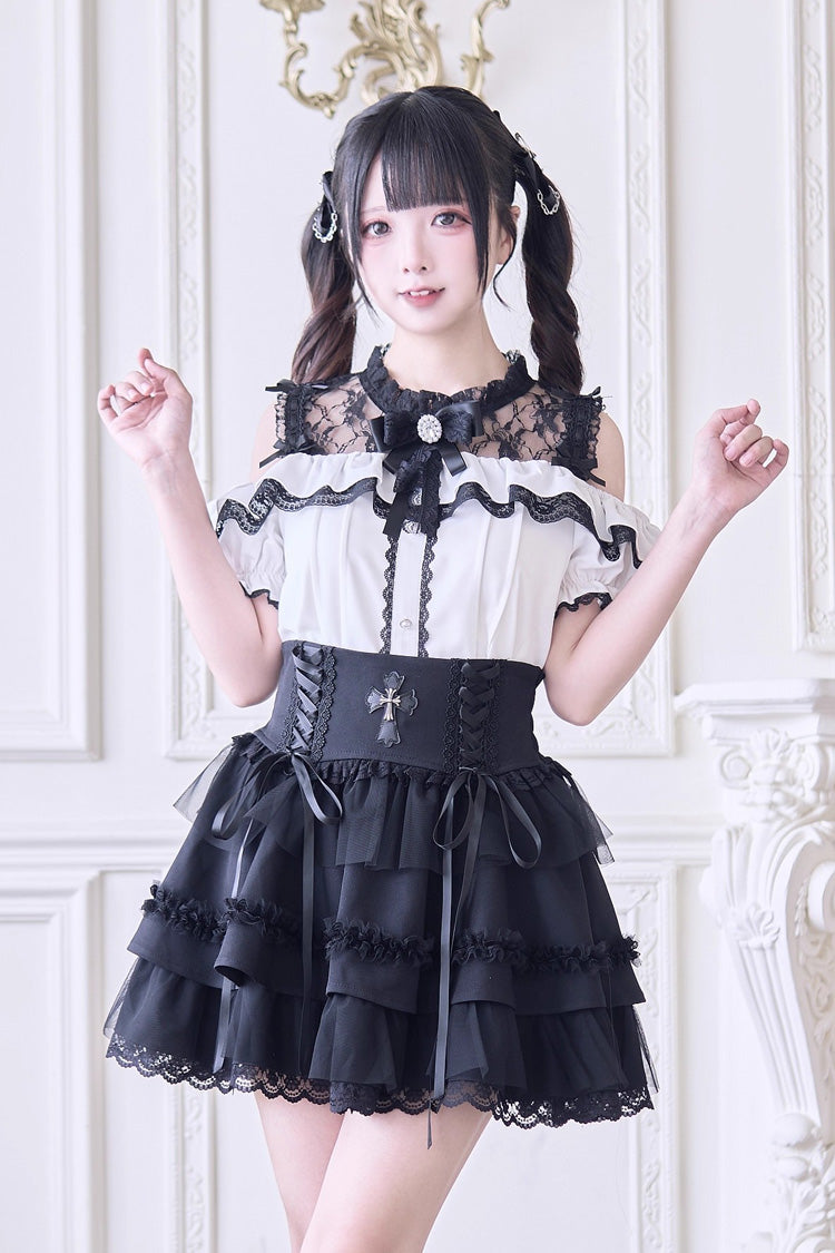 Off Shoulder Short Sleeves Hollow Bowknot Jirai Kei Japanese Blouse