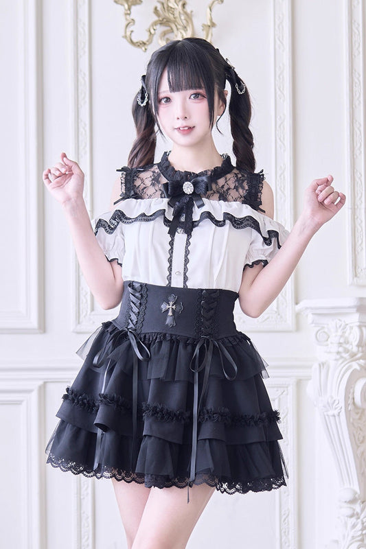 Off Shoulder Short Sleeves Hollow Bowknot Jirai Kei Japanese Blouse