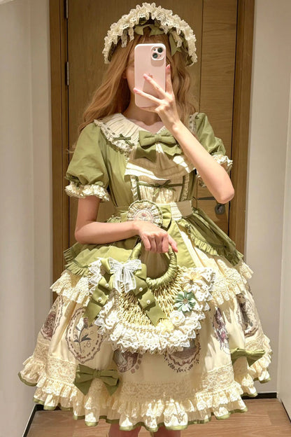 Emerald Little Ida's Flowers Short Sleeves Print Ruffle Bow Sweet Lolita Dress