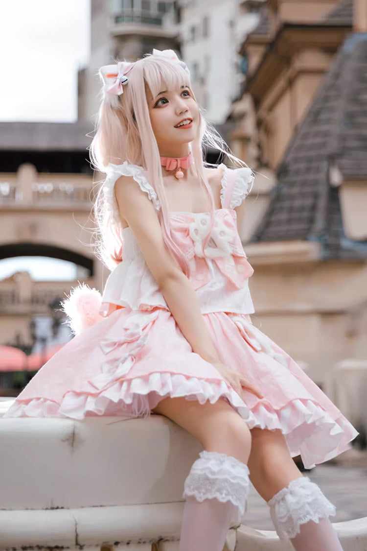 Rose Miss Meow Print Ruffle Bow Sweet Lolita Skirt Ensemble