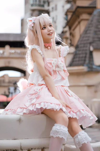 Rose Miss Meow Print Ruffle Bow Sweet Lolita Skirt Ensemble