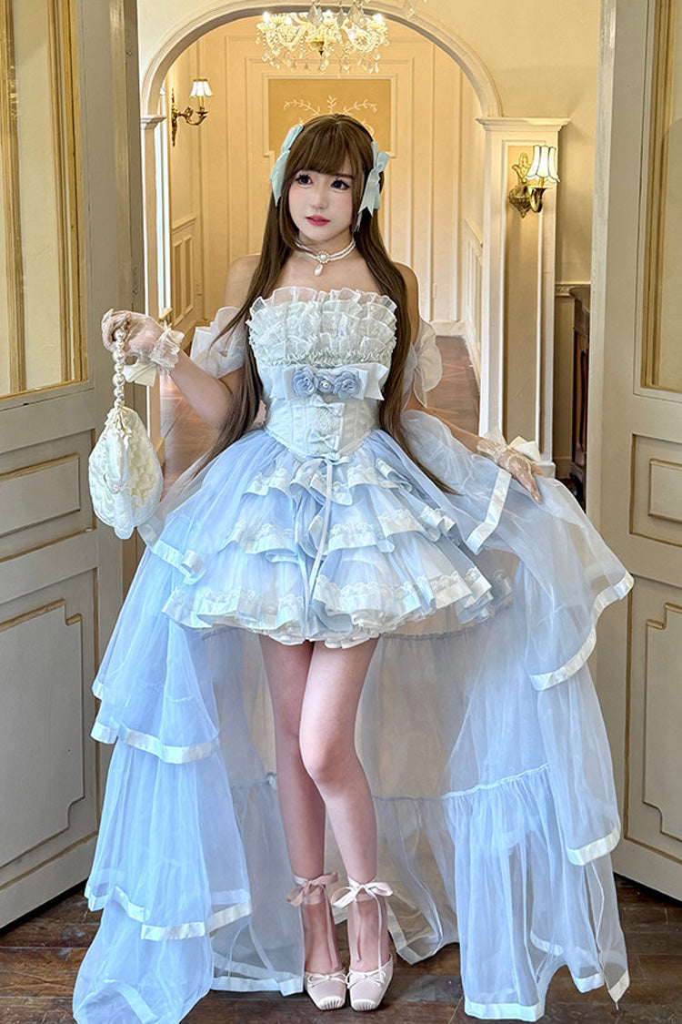 Off-Shoulder Sleeveless Triple-Ruffle Ballet Dress Set with Bow