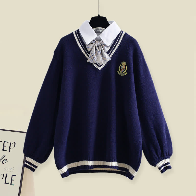 Sweater Pleated Decor Bow Pieces Plush Skirt Two Pants Fake