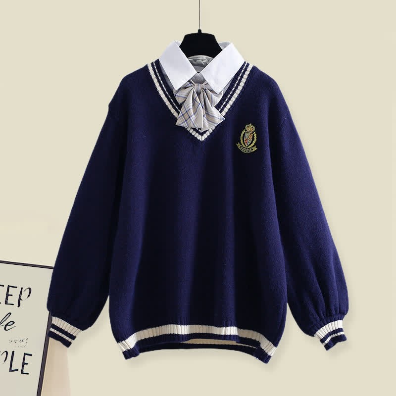 Sweater Pleated Decor Bow Pieces Plush Skirt Two Pants Fake