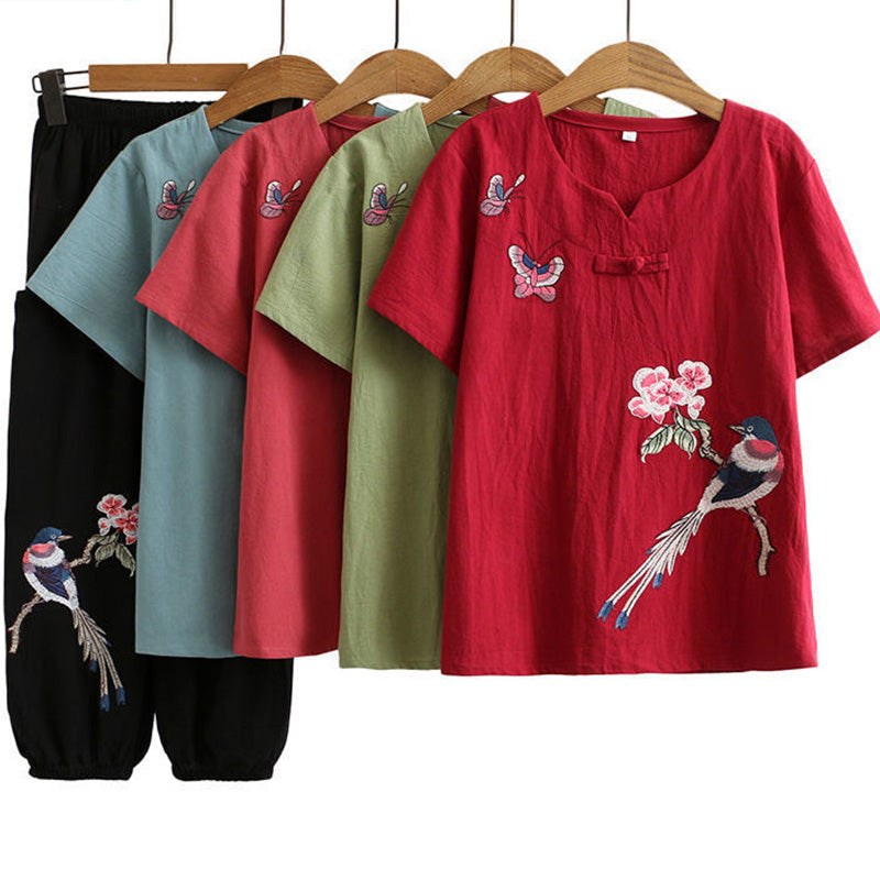 Ensemble t-shirt et pantalon avec boucle brodée d'oiseau vintage