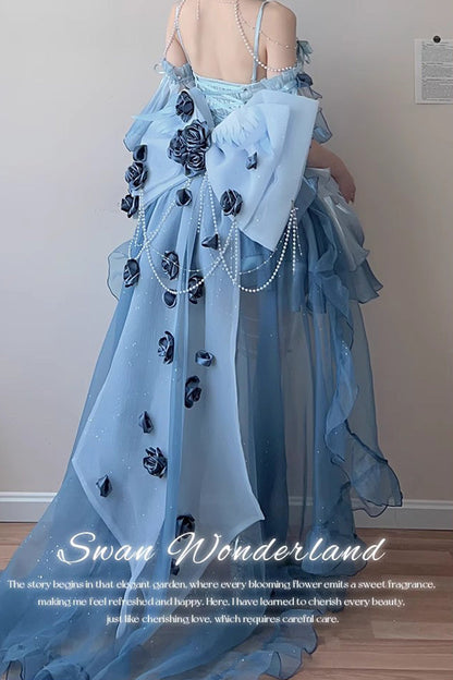 Sky Blue Sweet Ballet Lolita Swan Wonderland Embroidery Lace-Up Mini JSK Dress