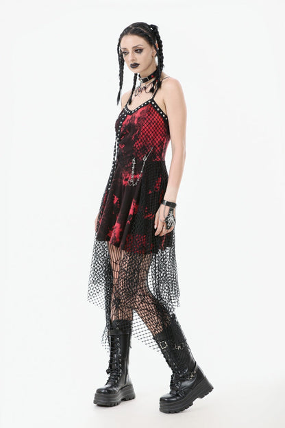 Scarlet Sleeveless Mesh Hem Asymmetrical Tie-Dyed Slip Dress