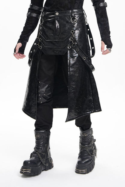 Gothic Men's Skirt with Faux Leather Stitching Eyelets Strap and Rings